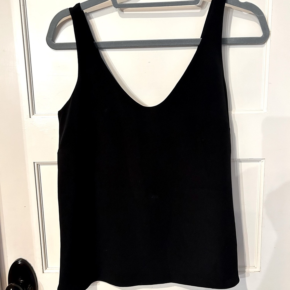 J. Crew black silky tank, lined with snaps on straps to hold onto bra strap,